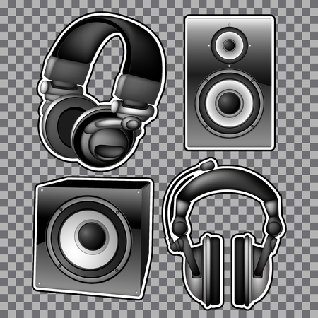 Headphones and speakers on a plaid backgroundのイラスト素材