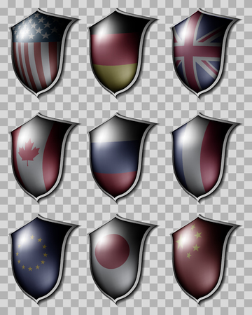A nine shields with images on them with flags of different countries.のイラスト素材