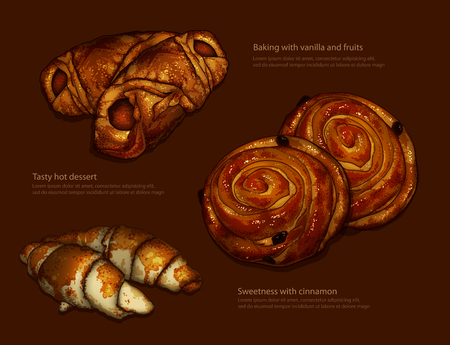 Advertising freshly baked ruddy rolls and croissants on a brown background.  High detailed realistic illustrationのイラスト素材