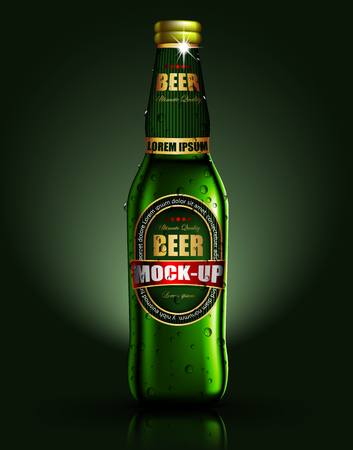 A transparent bottle of beer with droplets of moisture is reflected on the surface of the table. Highly realistic illustration.のイラスト素材