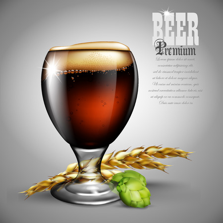A glass of beer with foam, spikes of barley and a bump of hops. Highly realistic illustration with the effect of transparency.のイラスト素材