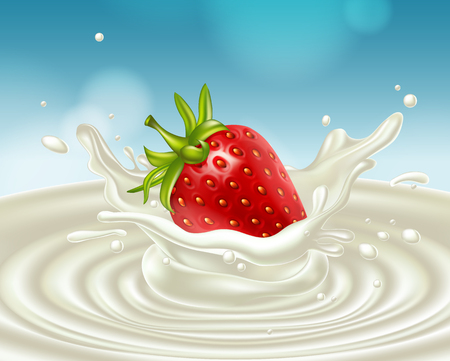 Red strawberries in a splash of white milk. Highly realistic illustrationt.のイラスト素材