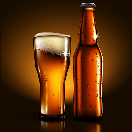 A transparent bottle and glass  of beer with droplets of moisture is reflected on the surface of the table.のイラスト素材