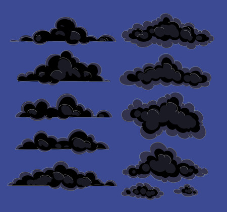 Black clouds of various shapes on a dark background. Drawing by hand.のイラスト素材