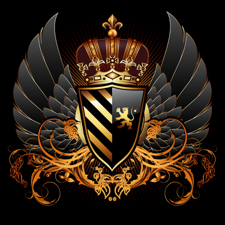 Heraldic shield on the background of exquisite decor. Highly realistic illustration.のイラスト素材