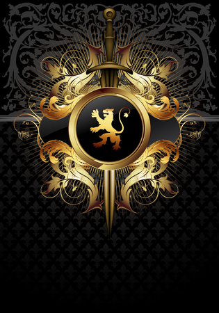 Decorative shield and sword on the background of heraldic ornament. Highly realistic illustration.のイラスト素材