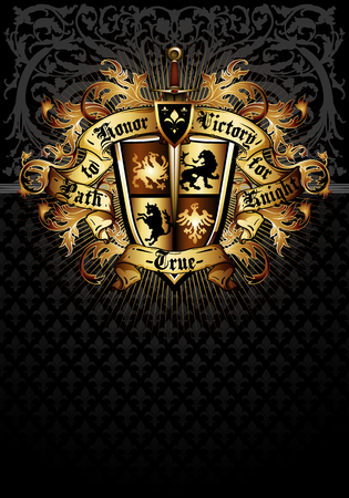 Decorative shield and sword on the background of heraldic ornament. Highly realistic illustration.のイラスト素材