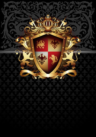 Decorative shield on the background of heraldic ornament. Highly realistic illustration.のイラスト素材