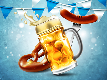 Advertising food and drink elements for traditional beer festival Oktoberfest. Beer mug, sausage and pretzel.Highly detailed illustration.のイラスト素材