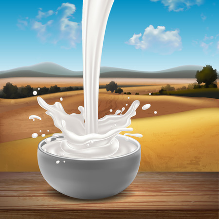 cup of milk on a wooden board against the backdrop of a natural landscape.  High detailed realistic illustrationのイラスト素材