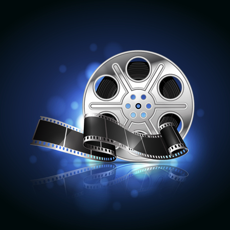 Reel and film  on a reflective surface on a background with highlights. Highly realistic illustration.のイラスト素材