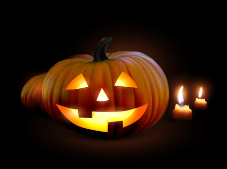 Halloween background with glowing pumpkin heads and candles. High detailed realistic illustrationのイラスト素材