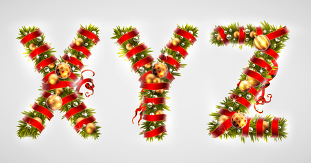 Christmas font. Three decorative christmas letters  of Christmas tree branches, decorated with a red ribbon and golden balls. Highly realistic illustration.のイラスト素材