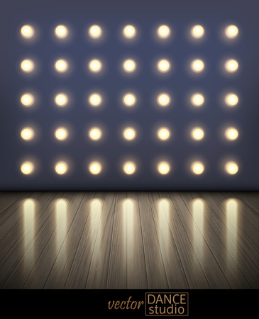 Dance studio. Wooden floor, behind the wall with a lot of lamps, the light of which is reflected in the floor. Highly realistic illustration.のイラスト素材