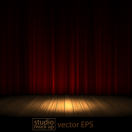 Wooden theater  stage, illuminated by a searchlight on the background of a red curtain.のイラスト素材