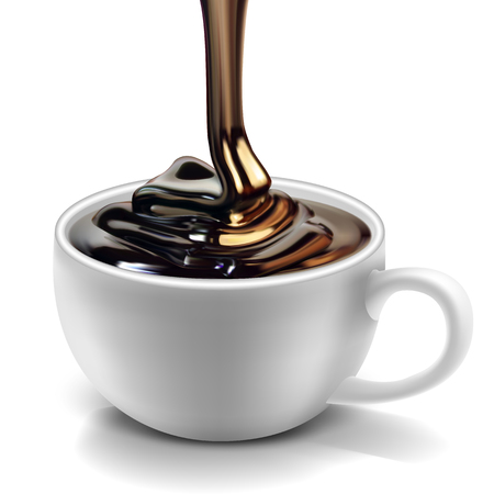 A glossy stream of chocolate pours into a white porcelain cup.  High detailed realistic illustrationのイラスト素材