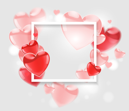 Happy Valentines Day.  Pink and red flying glossy balloons  on a white background. Place for your greeting text.のイラスト素材