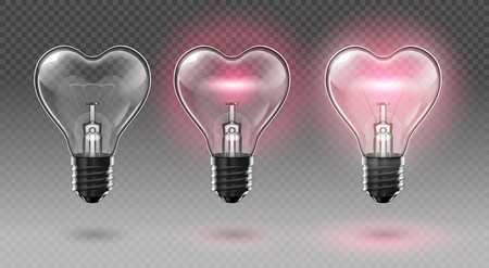 Three transparent heart-shaped bulbs. Two of them glow pink. Transparent background. Highly realistic illustration.のイラスト素材