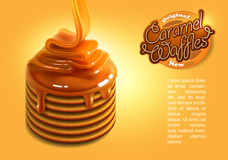 Waffles on which the glossy stream of caramel flows. Advertising with place for your text.のイラスト素材