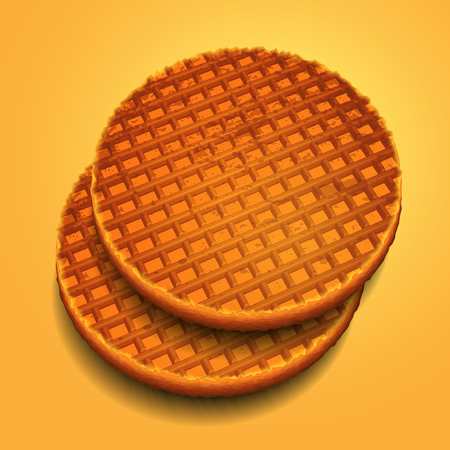 Two round grooved waffles on a yellow background.のイラスト素材