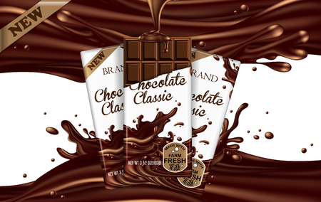 Three chocolate bars on liquid chocolate texture background.のイラスト素材