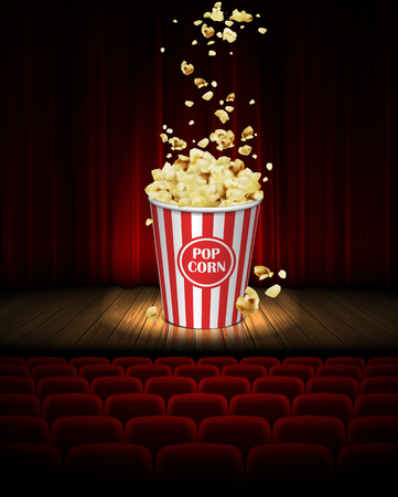 On the stage in the cinema there is a big jar of popcorn on the background of a red curtain. 3D vector. High detailed realistic illustrationのイラスト素材