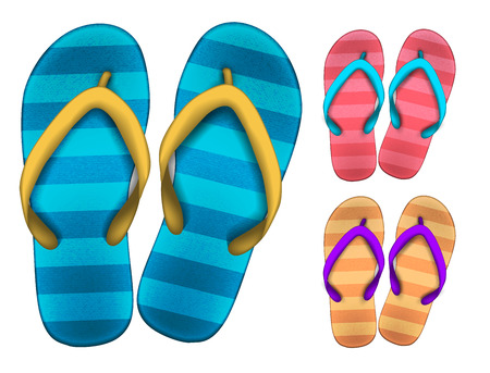 Three pairs of colored striped flip flops on a white background.  3D vector. High detailed realistic illustrationのイラスト素材