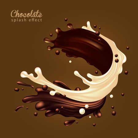 A jet of chocolate and white milk merge with the splash effect.   3D vector. High detailed realistic illustrationのイラスト素材