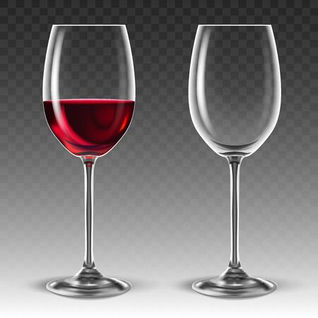 Two transparent wine glasses made of thin glass, one of which is half full of red wine.  High detailed realistic illustration.のイラスト素材