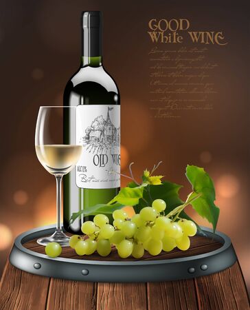 Bottle, transparent glass of white wine  and a bunch of grapes on a wooden wine barrel. High detailed realistic illustrationのイラスト素材