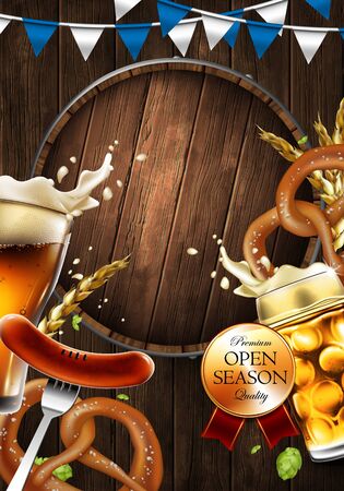 Advertising of the traditional Oktoberfest festival. Beer, sausages, hops on a wooden background. Highly detailed illustration.のイラスト素材