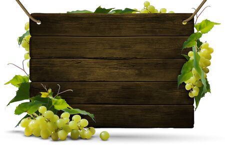 Wooden signboard with bunch of grapes and leaves.  High detailed realistic illustration.のイラスト素材
