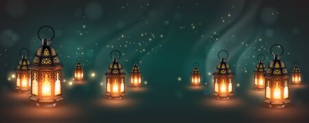 Many glowing oriental lamps on the background with highlights. 3D vector. High detailed realistic illustrationのイラスト素材