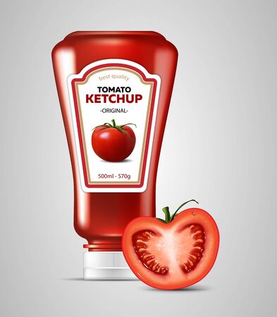 A bottle of tomato ketchup and half a tomato on a gray background. Highly realistic illustration.のイラスト素材