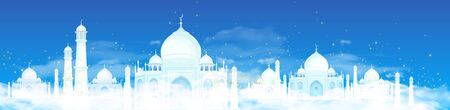Illustration on the theme of Ramadan. Mosques on a background of blue sky with stars and transparent clouds. 3D vector. High detailed realistic illustration.のイラスト素材
