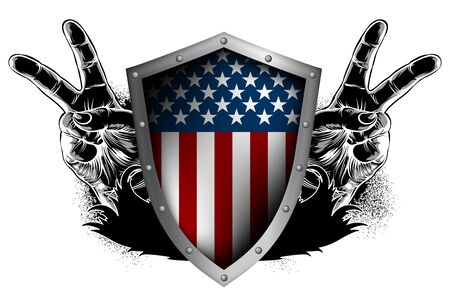 Shield with the decor of the American flag and two hands on the sides with a victory gesture. Detailed realistic illustration.のイラスト素材