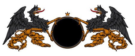 Two heraldic griffins are holding a black round shield. Freehand drawing on a white background.のイラスト素材