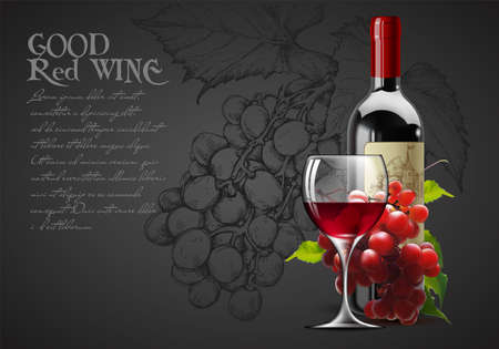 Transparent glass of red wine, bottle of wine and a branch of grapes on a wight background. High detailed realistic illustration.のイラスト素材
