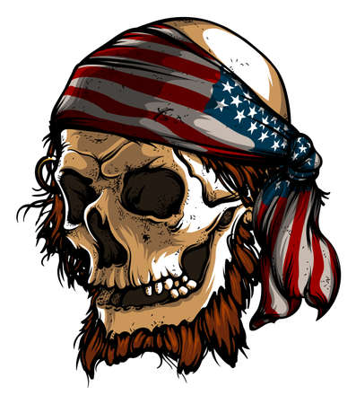 Illustration in retro style on american theme. Skull with American flag on a white background.のイラスト素材