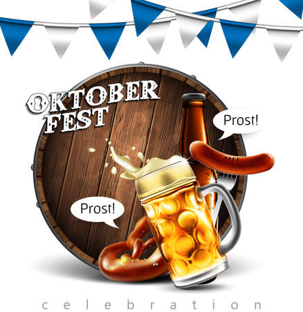 Advertising of the traditional Oktoberfest beer festival with a glass of beer, sausage and pretzels. Highly realistic illustration.の写真素材