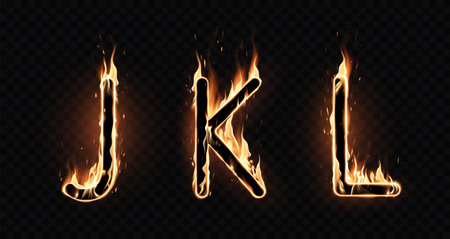 Three different fiery letters of the alphabet on a black background. Special effect of transparent smoke. Very realistic illustration.のイラスト素材