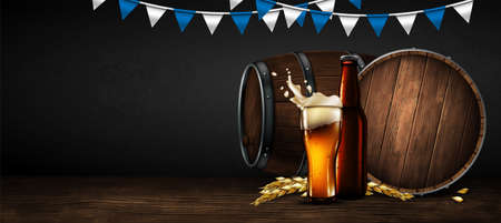 Beer barrel and a glass of frothy beer. Highly realistic illustration.の写真素材