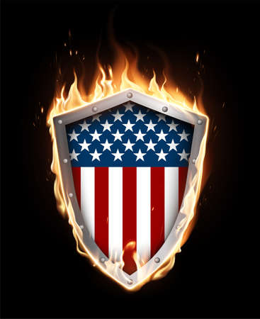 Burning shield with the American flag on a black background. A special transparent smoke effect. Highly realistic illustration.のイラスト素材