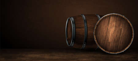 Beer barrel and wooden barrel lid on a wooden background. Highly realistic illustration.の写真素材