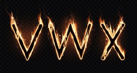 Three different fiery letters of the alphabet on a black background. Special effect of transparent smoke. Very realistic illustration.の写真素材