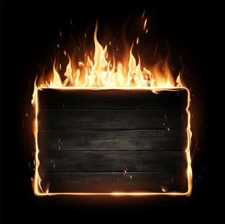 Wooden rectangular shield on a background of fire. Special effect of transparent smoke. Very realistic illustration.の写真素材