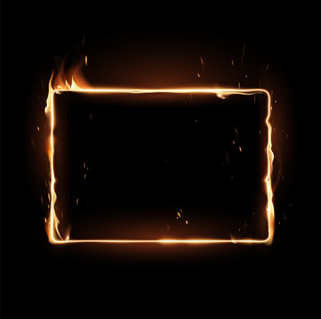 Rectangular frame drawn with a fiery line on a dark background. A special transparent smoke effect. Highly realistic illustration.のイラスト素材