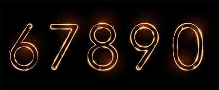 Five numbers drawn with a fiery line with sparks on a dark background. Very realistic illustration.の写真素材