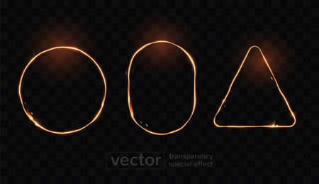 Three fiery frames of different shapes on a dark background. Special effect of transparent smoke. Very realistic illustration.のイラスト素材