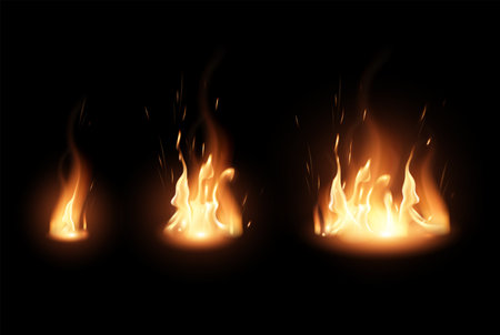 Tongues of flame, sparks, transparent smoke on a black background. Very realistic illustration.のイラスト素材